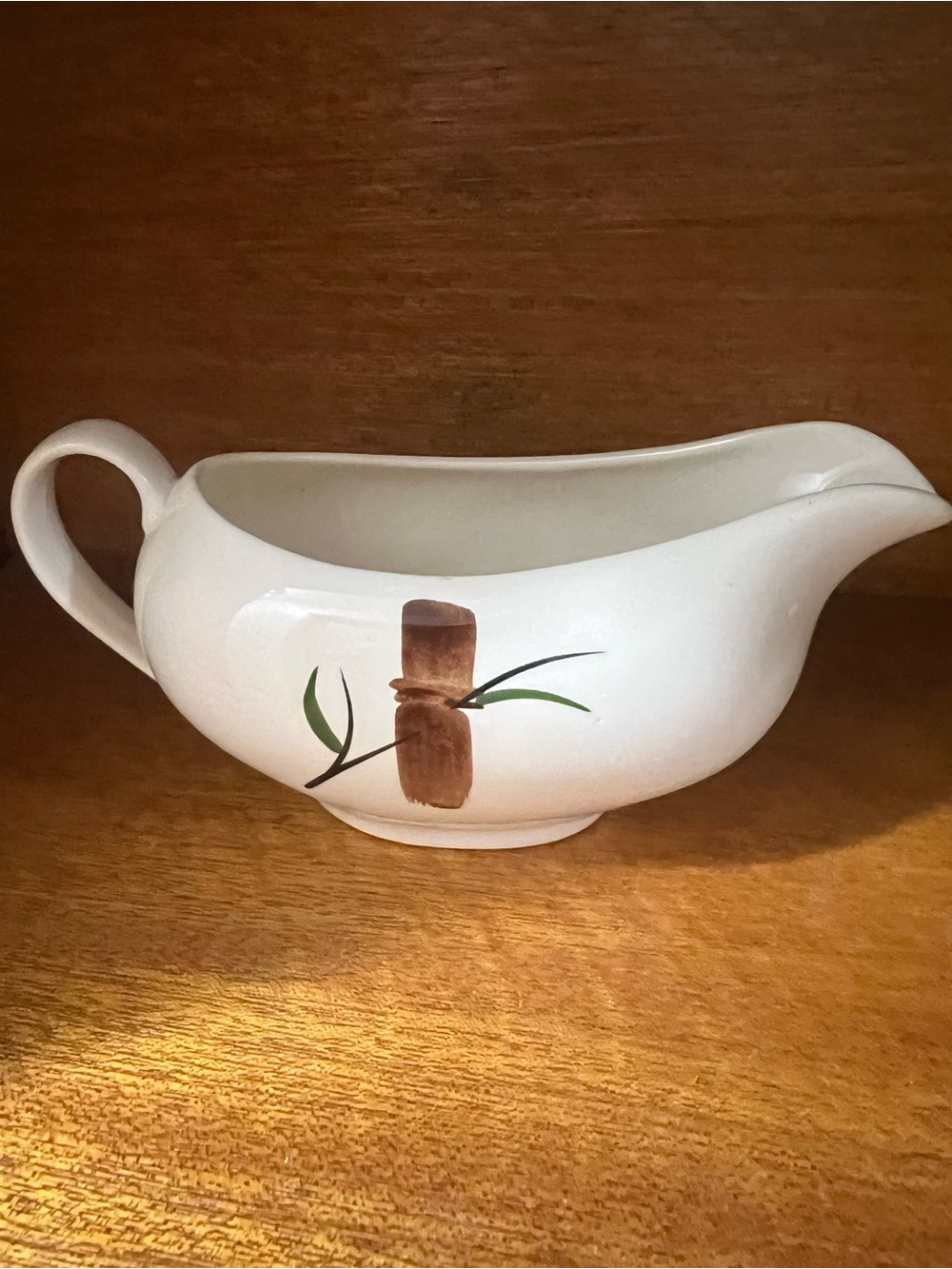 White Ceramic Gravy Boat with Brown Leaf Accent